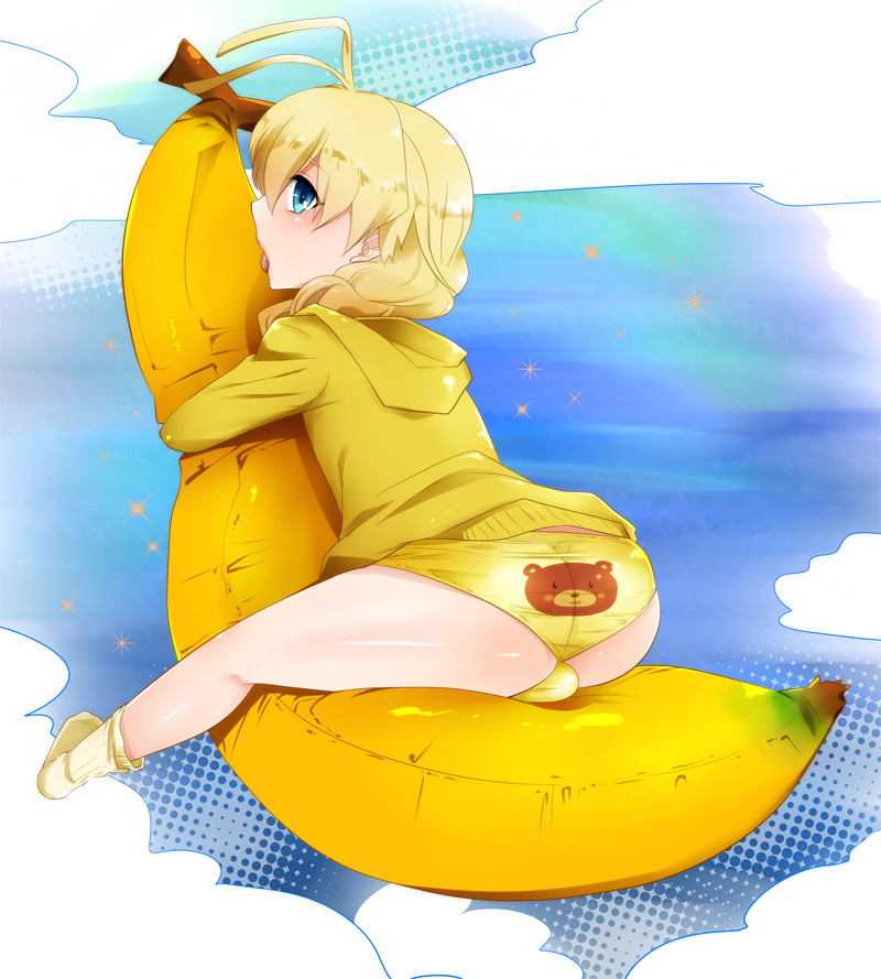 1boy androgynous animal_print ass banana banana_boat bear_panties bear_print bulge cloud day food fruit haiyore!_nyaruko-san hastur_(nyaruko-san) male_focus on_banana panties pinkplin print_panties sexually_suggestive solo trap underwear