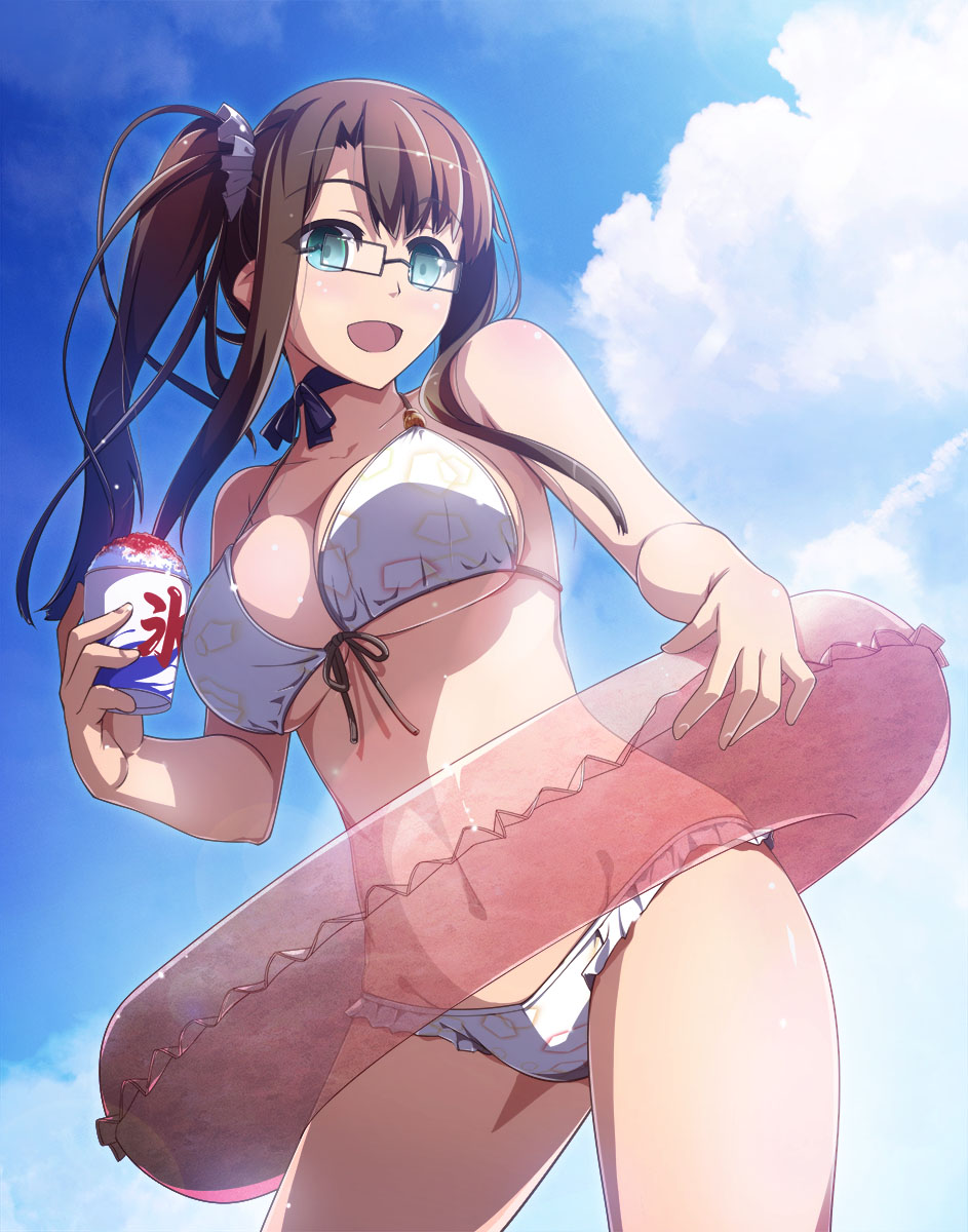 1girl aqua_eyes bikini breasts brown_hair choker cloud day female_focus food frilled_bikini frills front-tie_top glasses highres ice_cream innertube large_breasts long_hair navel open_mouth original side_ponytail smile solo strap_gap swim_ring swimsuit white_bikini yoshida_takuma