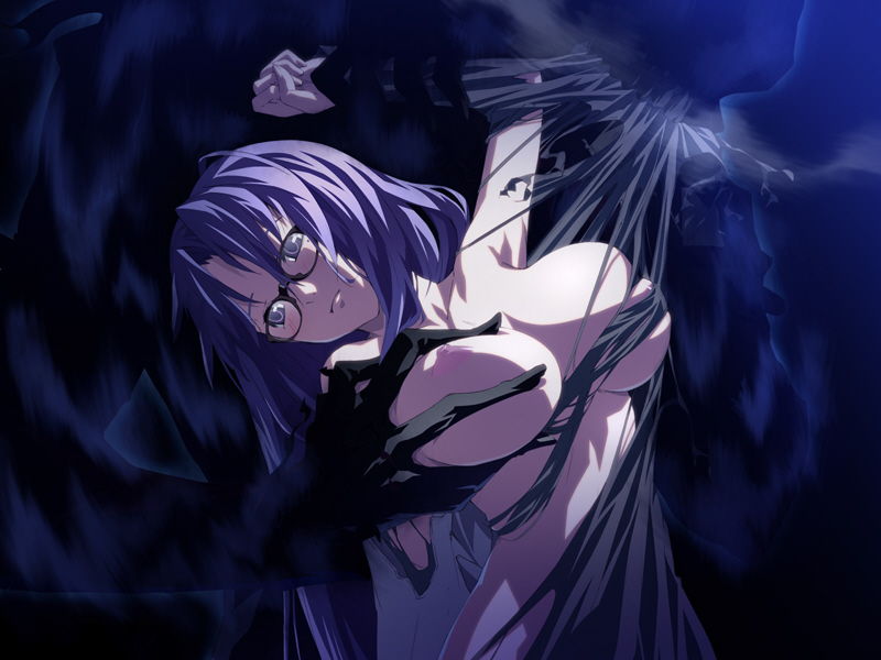 10s 1girl blue_eyes blue_hair breasts dies_irae female_focus g_yuusuke game game_cg glasses grabbing_another&#039;s_breast groping head_tilt large_breasts long_hair matching_hair/eyes mole mole_under_eye nipples restrained riza_brenner shinza_bansho_series solo tattoo tearing_clothes torn_clothes very_long_hair