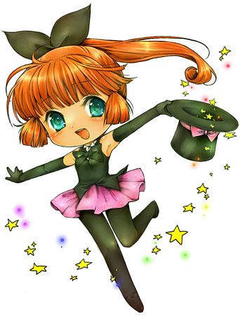 1990s_(style) 1girl bad_id blue_eyes chibi female_focus full_body gloves haneoka_meimi hat kaitou_saint_tail kiro_(an_kilo) kiro_(pixiv) long_hair lowres magical_girl orange_hair pantyhose ponytail ribbon saint_tail solo top_hat white_background