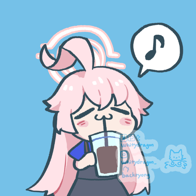 1girl :3 ahoge artist_name blue_archive blush blush_stickers chibi closed_eyes closed_mouth coffee cup disposable_cup drinking drinking_straw facing_viewer halo holding holding_cup hoshino_(blue_archive) huge_ahoge musical_note official_alternate_costume pink_hair pink_halo smile solo speech_bubble spoken_musical_note watermark whitydragon