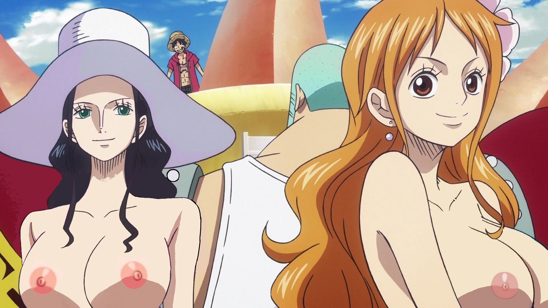 Gruiki9 Nami One Piece Nico Robin One Piece Highres Nude Filter Third Party Edit Black