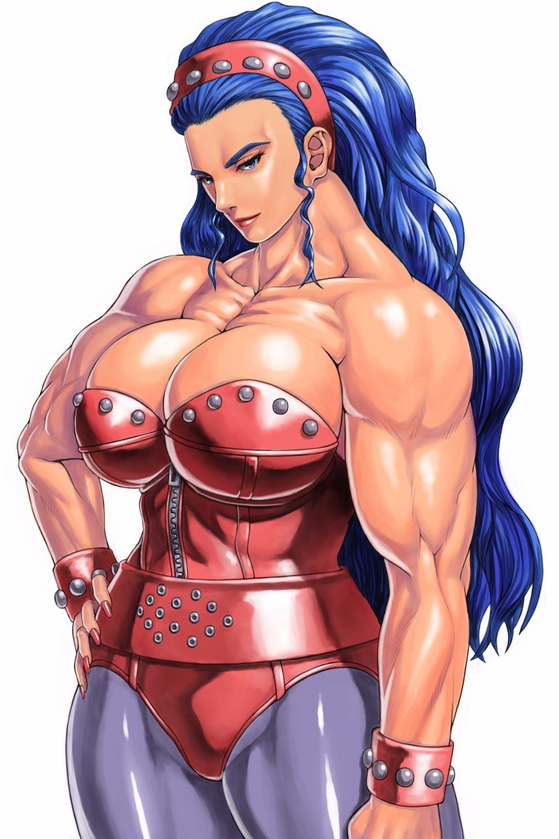 angela_belti atlus blue_hair bracelet breasts gouketsuji_ichizoku hair_pulled_back hand_on_own_hip highres huge_breasts jewelry leotard muscular muscular_female sega shinonome_(game_hakkutsu_tai) upper_body wrestling_outfit