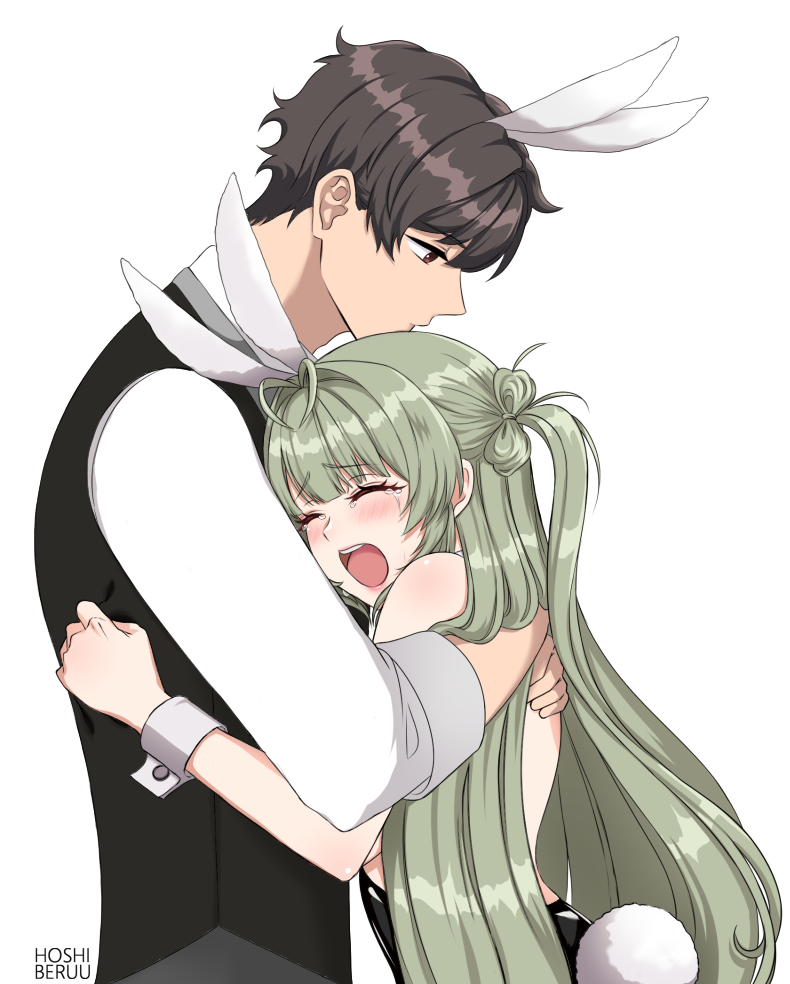 1boy 1girl animal_ears antenna_hair black_bow black_bowtie black_leotard bow bowtie breasts brown_hair closed_eyes commander_(nikke) crying fake_animal_ears goddess_of_victory:_nikke green_hair heart_antenna_hair hoshiberuu hug leotard long_hair long_sleeves looking_at_viewer open_mouth playboy_bunny rabbit_ears short_hair soda_(nikke) soda_(twinkling_bunny)_(nikke) wrist_cuffs