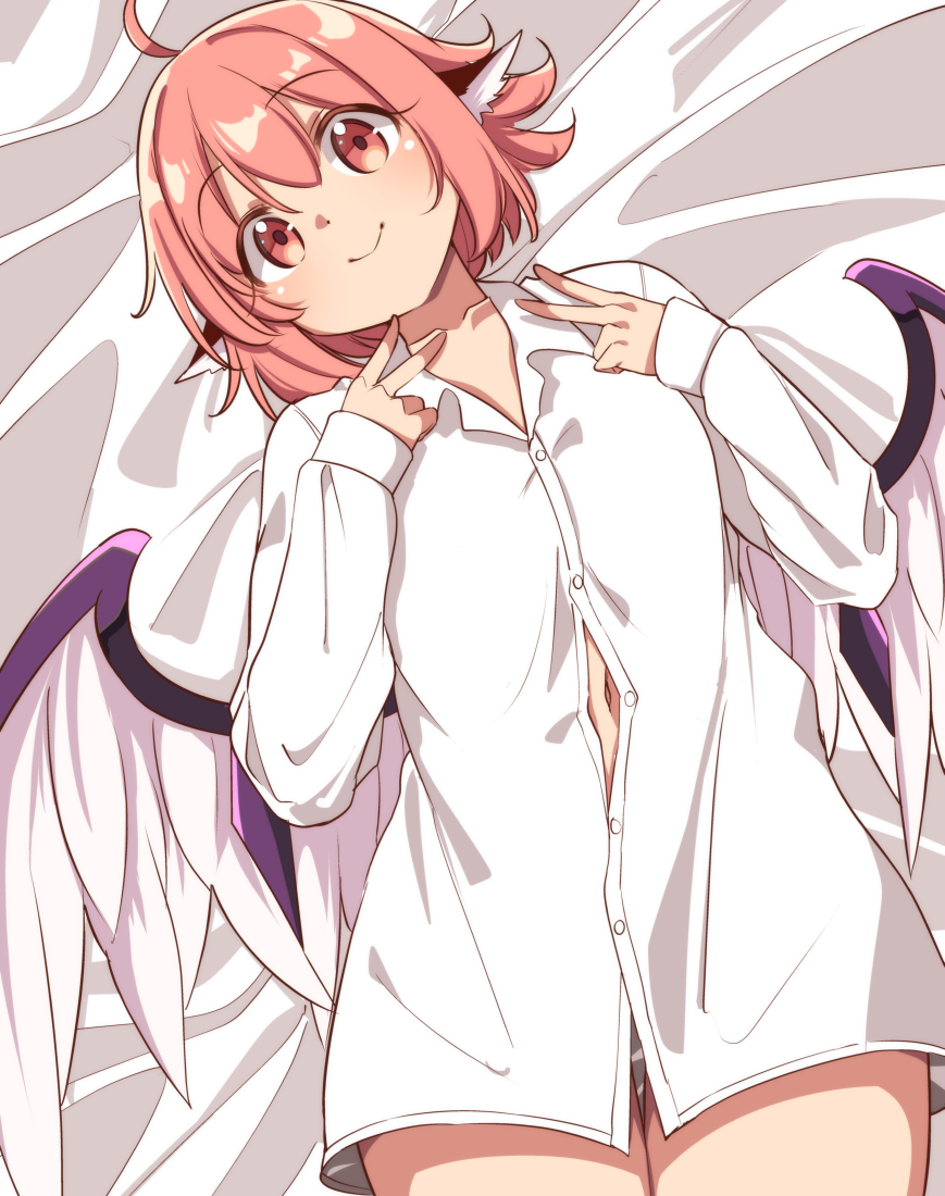 1girl ahoge bed_sheet bird_wings blush breasts closed_mouth collared_shirt cowboy_shot double_v feathered_wings happy long_sleeves lying midriff_peek moja_(moja4192) mystia_lorelei naked_shirt navel pink_eyes pink_hair shirt small_breasts smile solo touhou v white_shirt white_wings wings