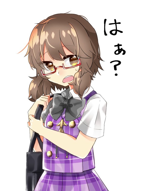 1girl abe_suke bag black_bow black_bowtie bow bowtie brown_eyes brown_hair collared_shirt commentary_request female_focus glasses low_twintails open_mouth purple_skirt red-framed_eyewear satchel school_uniform semi-rimless_eyewear shirt short_sleeves simple_background skirt skirt_set solo sweat touhou twintails under-rim_eyewear upper_body usami_sumireko white_background white_shirt