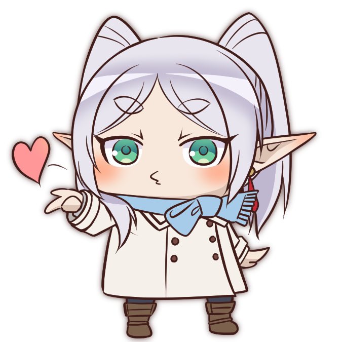 1girl blowing_kiss blue_scarf buttons chibi chibi_only coat double-breasted elf frieren full_body green_eyes heart myu_myu_sun pointy_ears scarf simple_background solo sousou_no_frieren twintails white_background white_coat white_hair