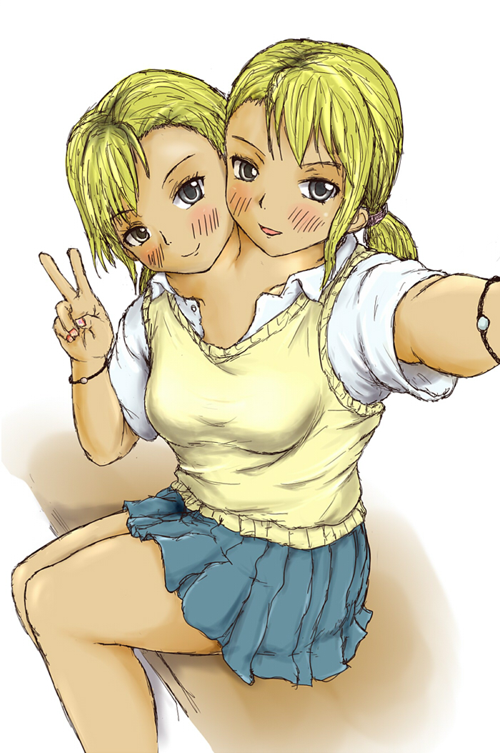 2girls blonde_hair blush conjoined ftt looking_at_viewer multiple_girls multiple_heads ponytail selfie siblings sisters skirt twins v vest wristband