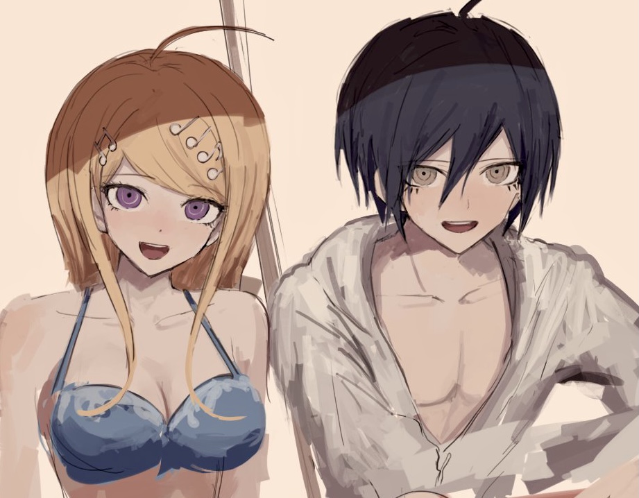 1boy 1girl :d ahoge akamatsu_kaede bare_shoulders bikini black_hair blonde_hair blue_bikini blush breasts cleavage collarbone commentary_request danganronpa_(series) danganronpa_s:_ultimate_summer_camp danganronpa_v3:_killing_harmony fortissimo grey_jacket hair_ornament hood hooded_jacket iumi_urura jacket long_hair looking_at_viewer musical_note musical_note_hair_ornament open_mouth purple_eyes saihara_shuichi smile swimsuit teeth upper_body upper_teeth_only