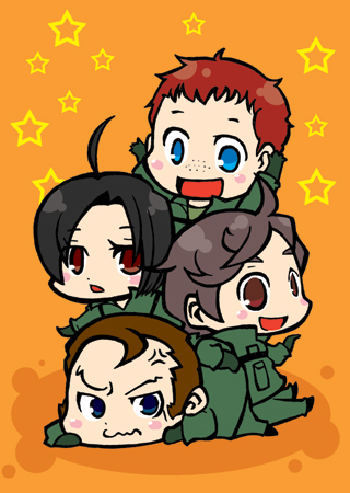 1girl 3boys ace_combat ace_combat_5 ahoge alvin_h_davenport bad_id bad_pixiv_id blaze chibi hans_grimm kei_nagase komecco lowres multiple_boys nagase_kei namco