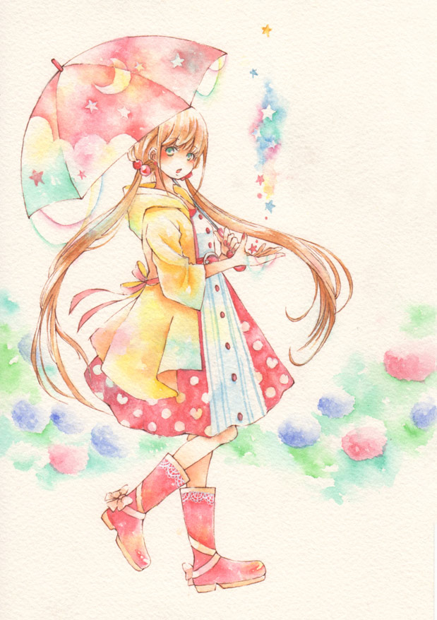 1girl boots brown_hair crescent dress female_focus flower green_eyes hair_bobbles hair_ornament heart hood hood_down hydrangea iinuma_chika long_hair low_twintails original painting_(medium) pink_footwear raincoat rubber_boots solo star_(symbol) traditional_media twintails umbrella very_long_hair watercolor_(medium)