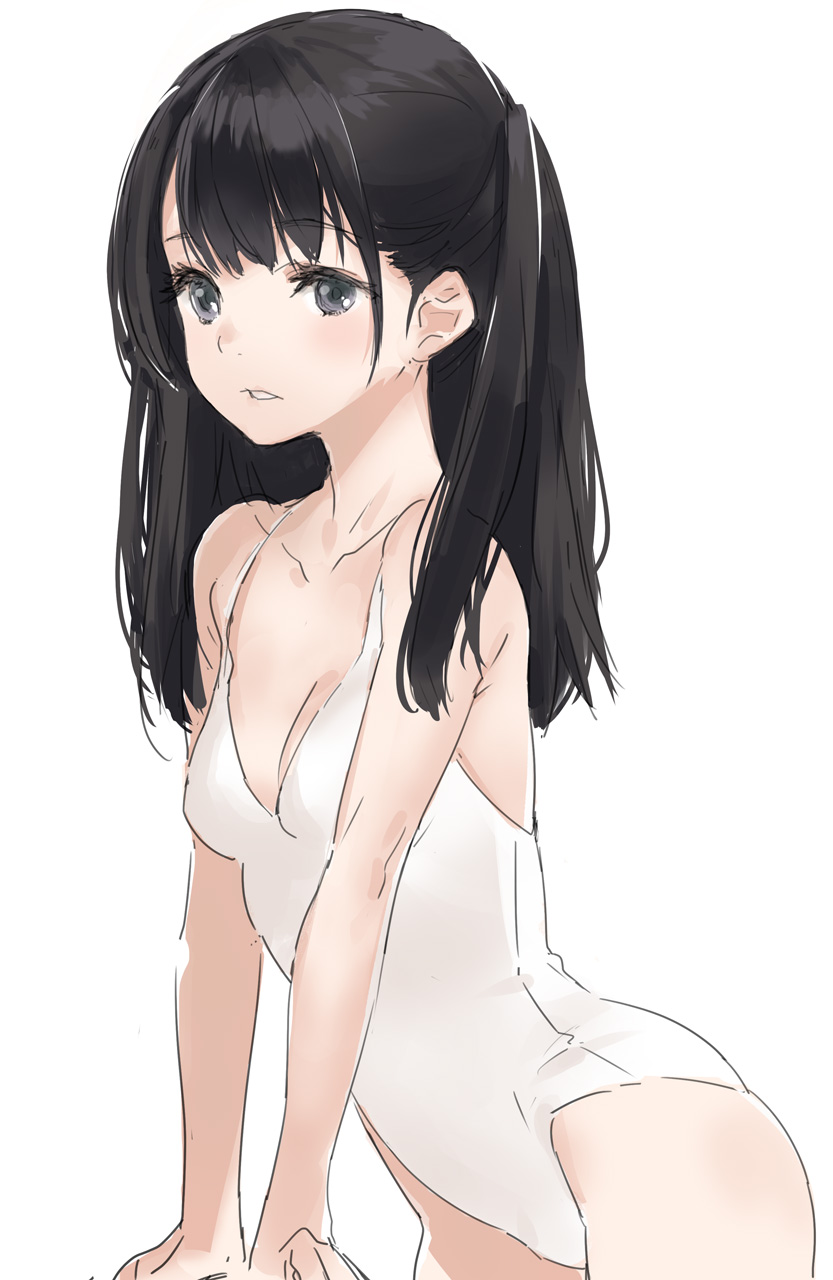 1girl black_eyes black_hair breasts collarbone cowboy_shot half_updo highres kawata_hisashi long_hair one-piece_swimsuit original simple_background small_breasts solo swimsuit white_background white_one-piece_swimsuit