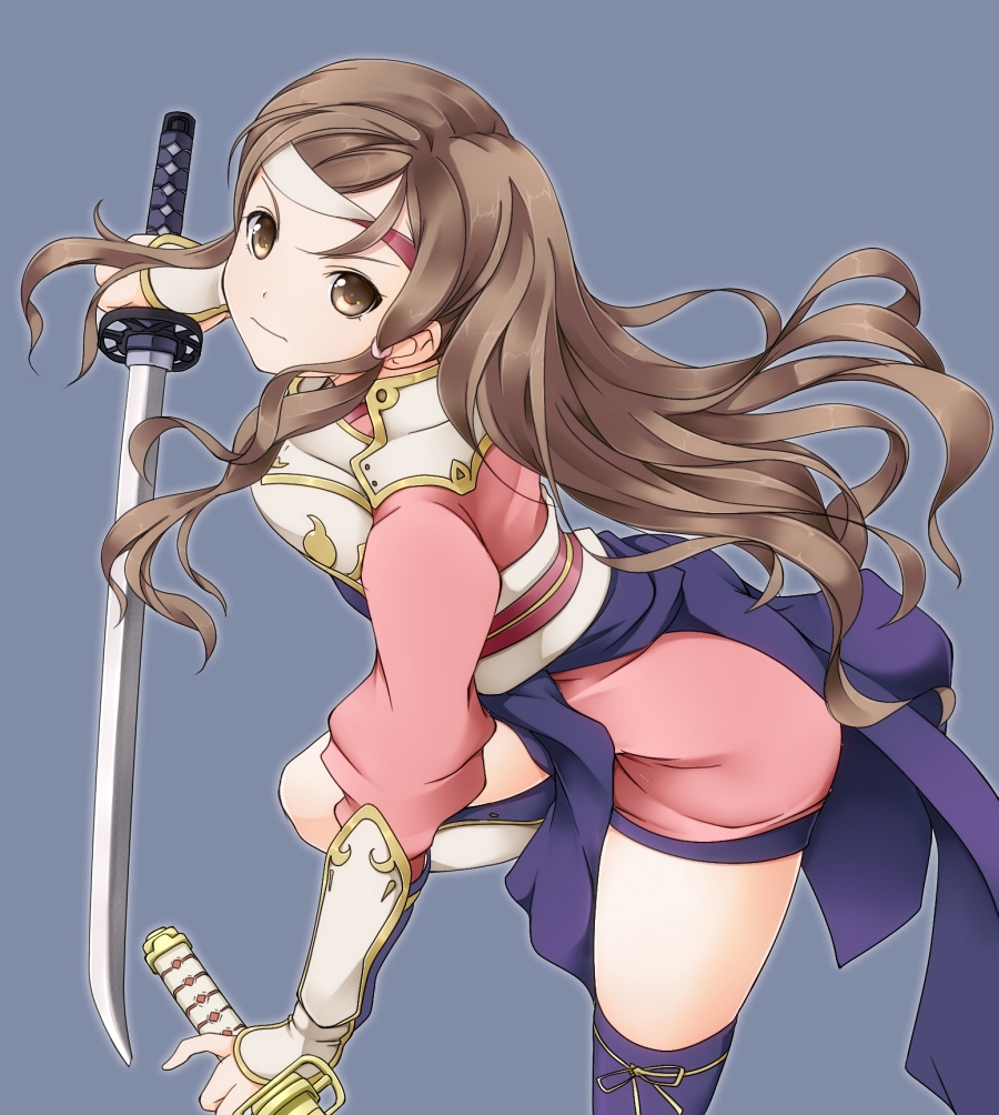 1girl armor ashita_yaru blue_background brown_eyes brown_hair female_focus fire_emblem fire_emblem_fates hana_(fire_emblem) headband japanese_armor katana long_hair nintendo simple_background solo sword thighhighs weapon