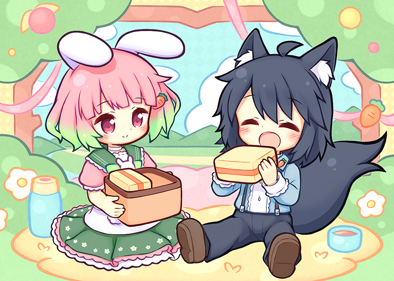 1boy 1girl :d ^_^ ahoge aikei_ake animal_ear_fluff animal_ears basket black_hair black_pants blush brown_footwear carrot_hair_ornament chibi closed_eyes closed_mouth commentary_request commission eating food food-themed_hair_ornament gradient_hair green_hair green_sailor_collar green_skirt hair_between_eyes hair_ornament holding holding_basket holding_food looking_at_another multicolored_hair open_mouth original pants picnic_basket pink_hair pleated_skirt purple_eyes rabbit_ears sailor_collar sandwich school_uniform serafuku shirt shoe_soles shoes short_sleeves sitting skeb_commission skirt smile suspenders tail white_shirt wolf_boy wolf_ears wolf_tail