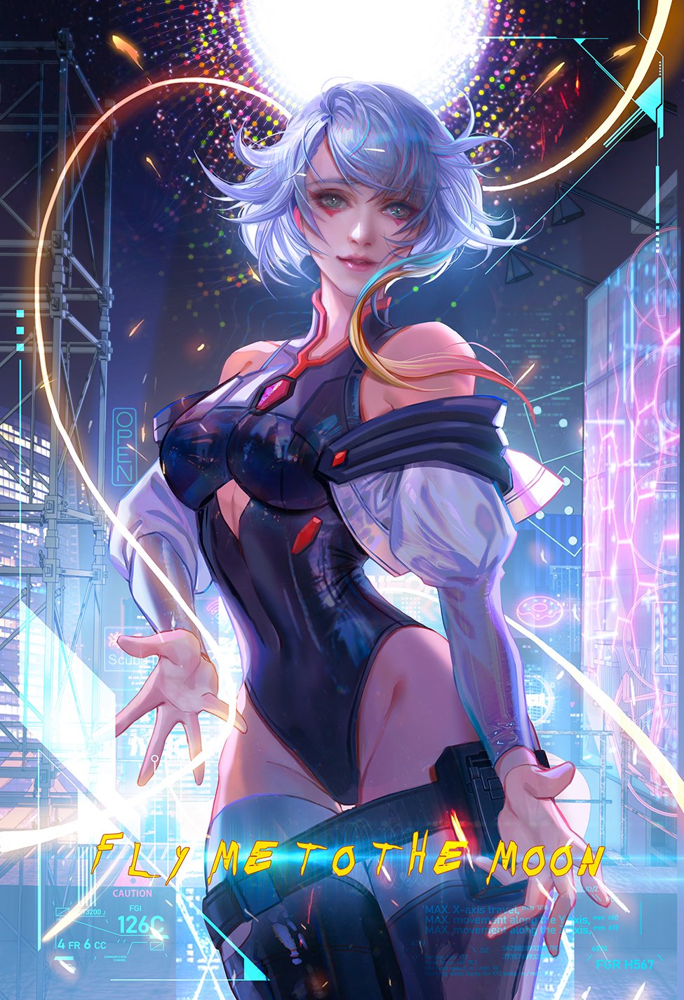 1girl aqua_hair bare_shoulders black_leotard black_thighhighs blonde_hair blue_hair breasts chest_cutout cowboy_shot cropped_jacket cyberpunk_(series) cyberpunk_edgerunners english_text eyeliner fan_yang_(jiuge) highres jacket jacket_partially_removed juliet_sleeves large_breasts leotard long_sleeves looking_at_viewer lucy_(cyberpunk) makeup multicolored_hair outdoors outstretched_hand parted_lips puffy_sleeves rainbow_hair red_eyeliner red_hair scaffolding short_hair_with_long_locks smile solo thigh_gap thighhighs