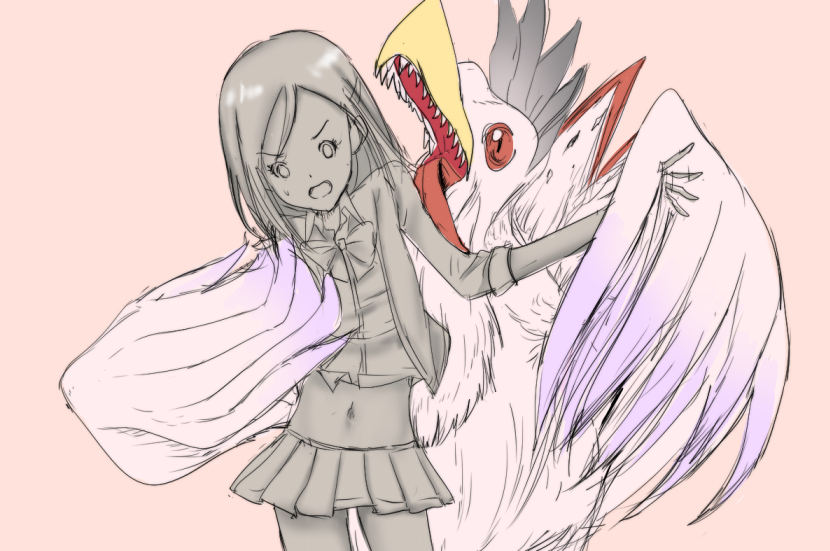 1girl akb2018 bird clothes_lift cockatrimon digimon digimon_(creature) grabbing_from_behind hair_ornament hairclip licking long_hair looking_at_another miniskirt navel open_mouth pervert petrification school_uniform sharp_teeth shirt_lift simple_background skirt sweat teeth tongue tongue_out wings