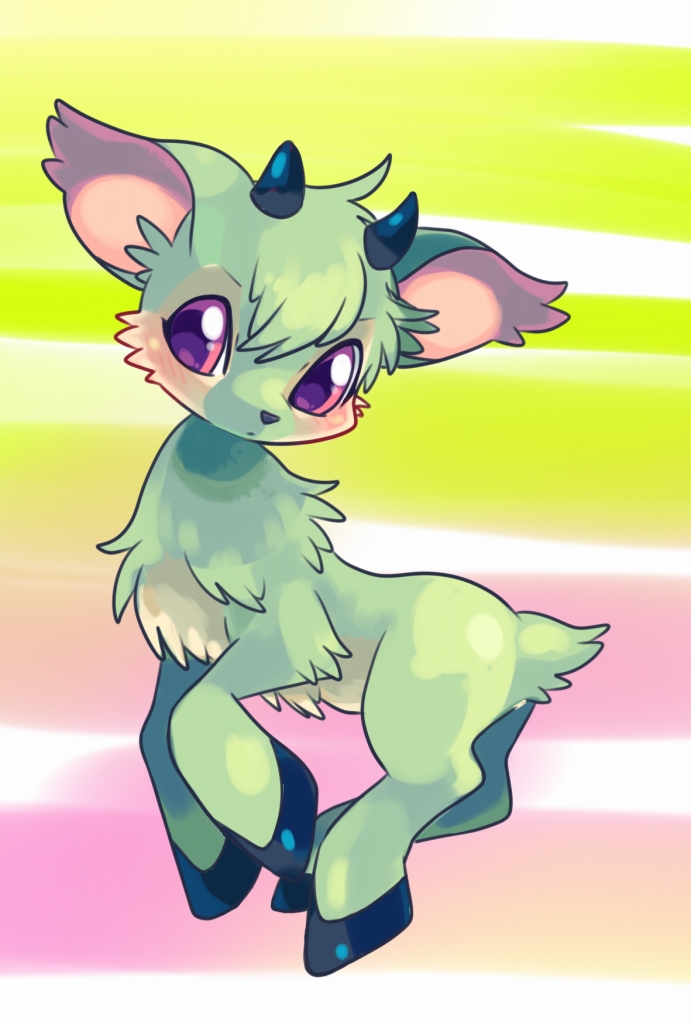 choko_(sweetpocket) closed_mouth commentary_request creature_focus dot_mouth full_body goat green_fur hooves horns ixi_(neopets) light_blush looking_to_the_side neopet_(creature) neopets no_humans purple_eyes small_horns solo standing