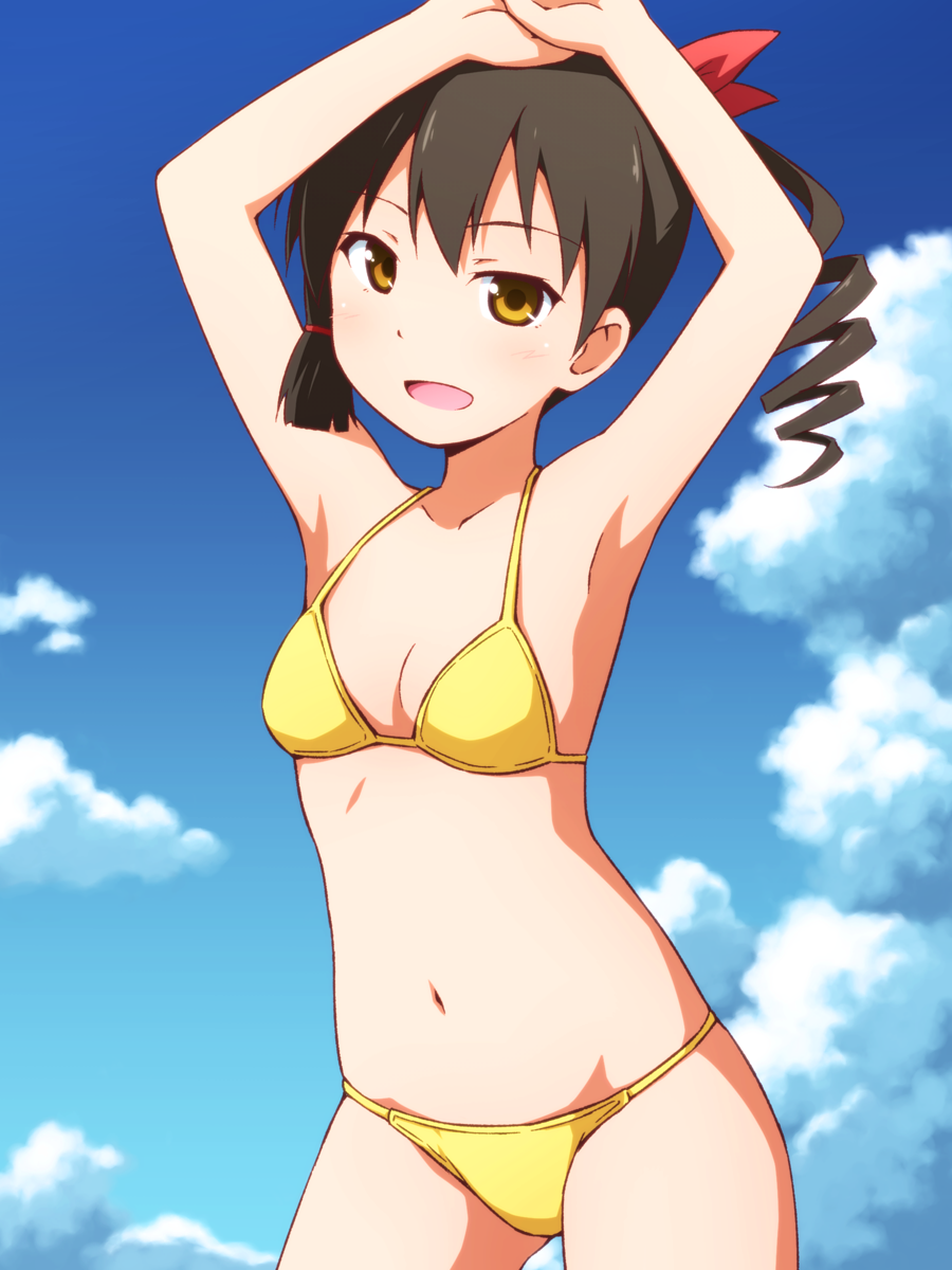 1girl arms_up bikini black_hair blue_sky breasts brown_eyes cloud cloudy_sky commentary cowboy_hat day drill_hair hair_ribbon halterneck hat highres kobashiri_yae looking_at_viewer mashita_(candy_apricot) medium_hair open_mouth outdoors own_hands_together red_ribbon ribbon saki saki_(manga) saki_achiga-hen side_drill single_sidelock sky small_breasts smile solo standing string_bikini swimsuit yellow_bikini