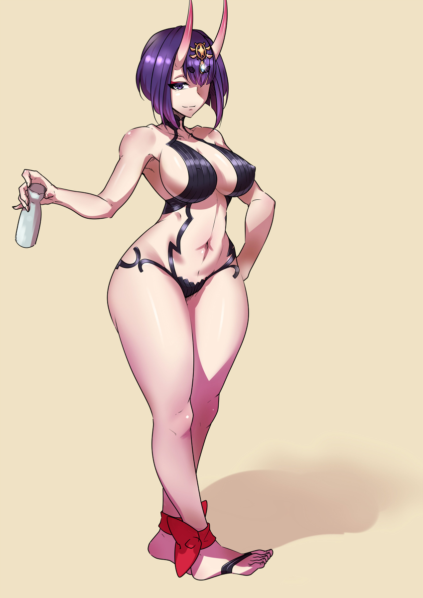 1girl alcohol breasts cleavage covered_erect_nipples curvy fate/grand_order fate_(series) female_focus full_body gensui_(auoua) highres horns liquor looking_at_viewer medium_breasts navel purple_eyes purple_hair short_hair shuten_douji_(fate) smile solo standing wide_hips