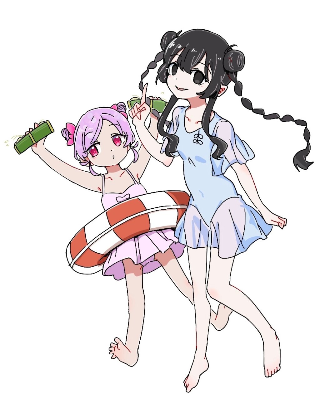 2girls armpit_peek arms_up bamboo black_eyes black_hair blank_eyes blue_one-piece_swimsuit bow_swimsuit braided_twintails breasts casual_one-piece_swimsuit center-flap_bangs closed_mouth collarbone covered_navel dalidari27 double_bun food full_body groin_tendon hair_between_eyes hair_bun highres holding innertube kimi_no_koto_ga_dai_dai_dai_dai_daisuki_na_100-nin_no_kanojo long_hair looking_at_viewer looking_to_the_side momi_momiji multiple_girls noodles official_alternate_costume official_alternate_hairstyle one-piece_swimsuit open_mouth pankou parted_bangs pink_eyes pink_one-piece_swimsuit pointing pointing_up puckered_lips purple_hair see-through_clothes see-through_skirt see-through_sleeves sidelocks simple_background skirt small_breasts smile spaghetti_strap swim_ring swimsuit swimsuit_skirt very_long_hair wavy_sidelocks white_background zetsubouda_meru