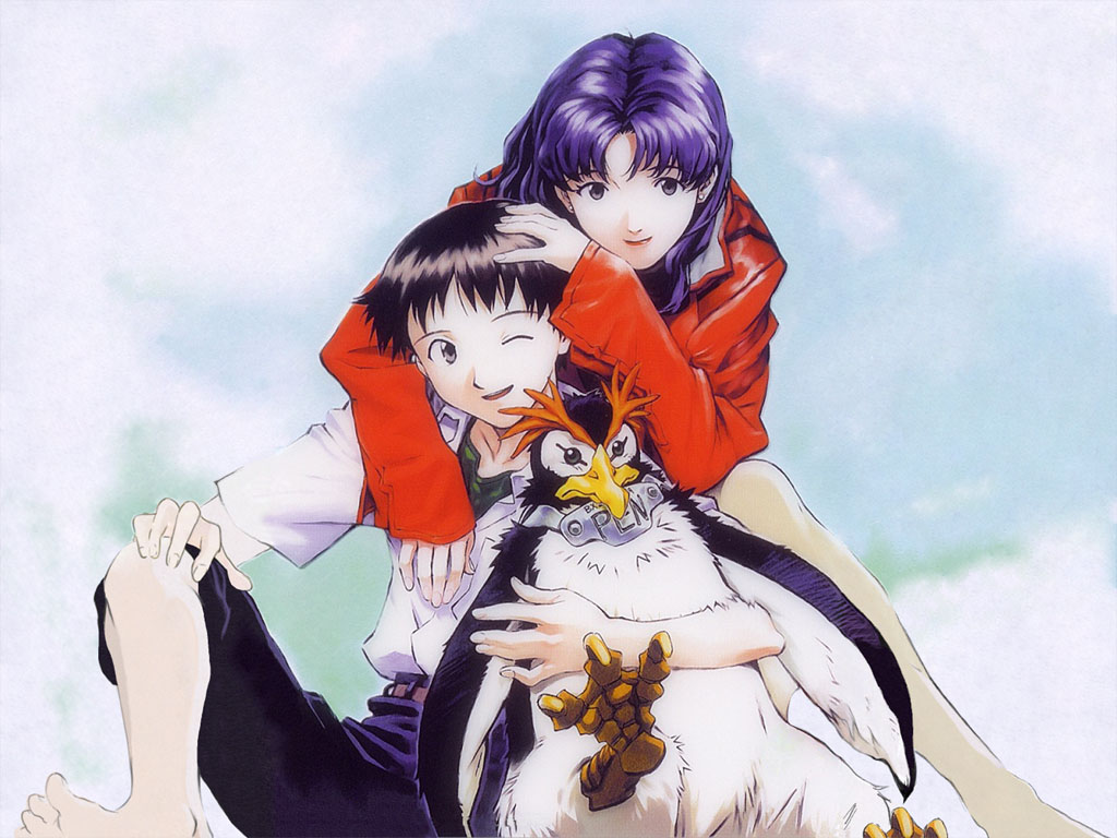 sadamoto yoshiyuki, ikari shinji, katsuragi misato, penpen, neon genesis  evangelion, cleaned, official art, official wallpaper, 1boy, 1girl, age  difference, bird, black hair, happy, lipstick, long hair, looking at  viewer, makeup, one eye