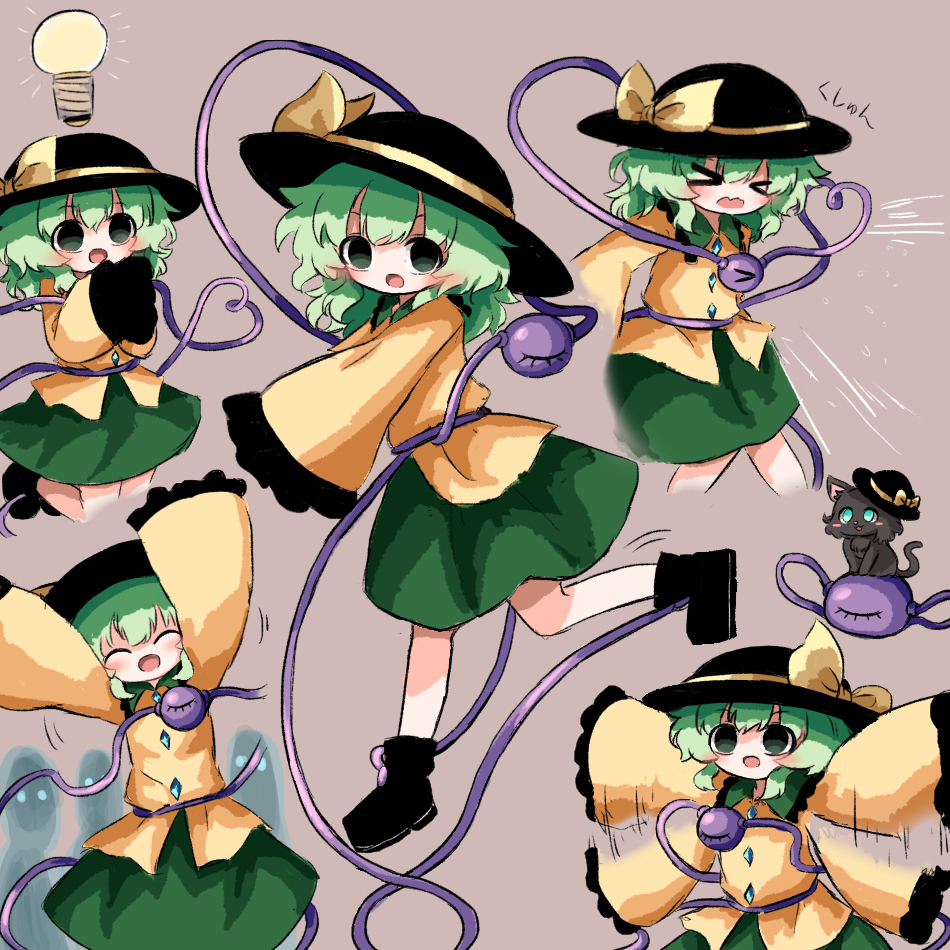 &gt;_&lt; 1girl ^_^ animalization ankle_boots arms_up black_boots black_hat blush boots bow buttons closed_eyes commentary_request diamond_button gameplay_mechanics green_eyes green_hair green_skirt grey_background hat hat_bow hat_ribbon heart heart_of_string heripantomorrow hopeless_masquerade kicking komeiji_koishi komeiji_koishi_(cat) light_bulb medium_hair motion_lines multiple_views open_mouth own_hands_together ribbon shirt simple_background skirt sneezing third_eye touhou translation_request waving_arms wavy_mouth yellow_bow yellow_ribbon yellow_shirt