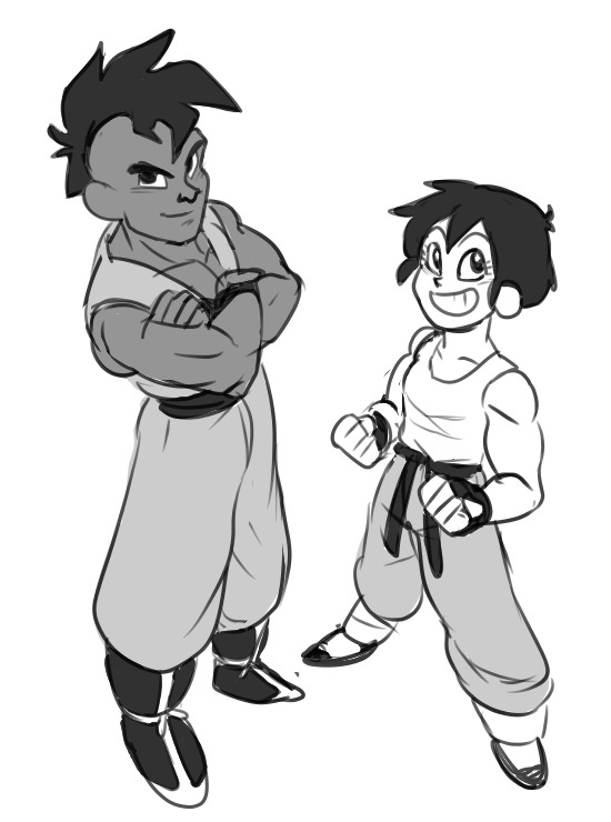 1boy 1girl black_eyes black_hair dragon_ball happy looking_at_viewer muscular muscular_female muscular_male pan_(dragon_ball) smile tagme uub warming_up