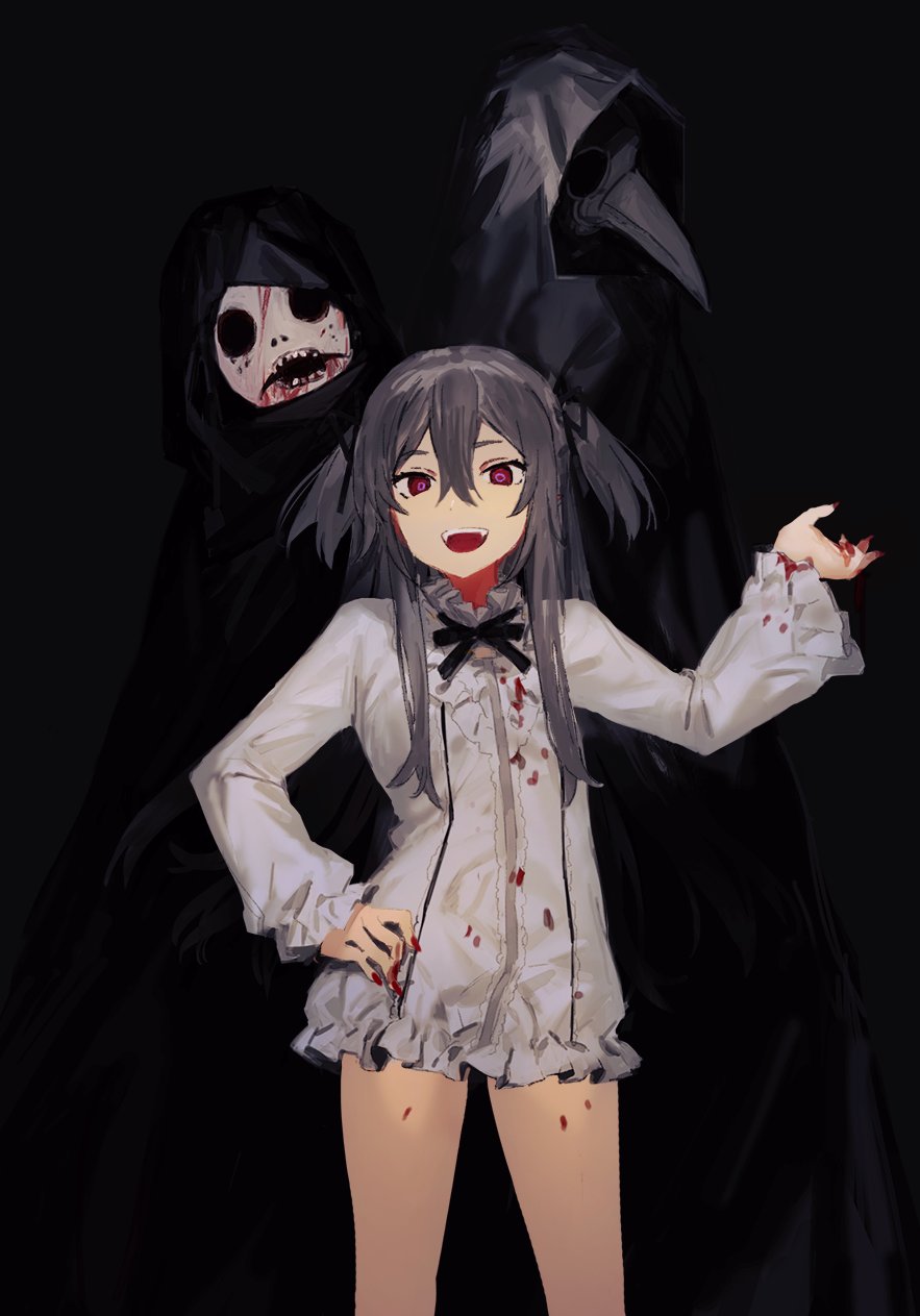 1girl :d bad_id bad_twitter_id blood blood_on_clothes blood_on_hands charolette_antoine_(hirota_tsuu) cloak dress fingernails frilled_sleeves frills grey_hair hair_between_eyes hand_on_own_hip head_tilt highres hirota_tsuu long_hair long_sleeves looking_at_viewer mask nail_polish open_mouth original purple_eyes red_nails smile standing two_side_up very_long_hair white_dress