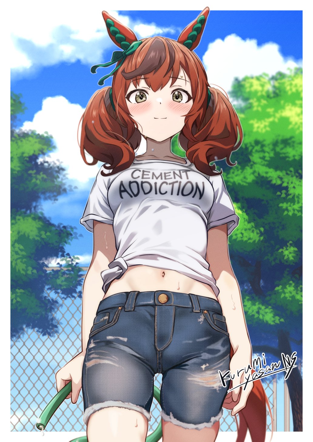 animal_ears blue_shorts blue_sky blush border breasts brown_hair cloud collarbone commentary_request cowboy_shot day denim denim_shorts fence grey_eyes highres holding holding_hose horse_ears horse_girl horse_tail hose iron_fence kurumiyasan_ns looking_at_viewer medium_breasts medium_hair multicolored_hair navel nice_nature_(umamusume) outdoors print_shirt shirt short_sleeves shorts sidelocks sky smile solo stomach t-shirt tail thighs torn_clothes torn_shorts tree twintails two-tone_hair umamusume wet wet_clothes white_border white_shirt