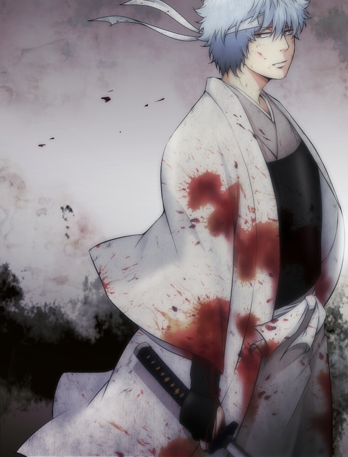 1boy blood blood_on_clothes gintama headband japanese_clothes joui katana male_focus red_eyes sakata_gintoki shiroyasha silver_hair solo sword weapon