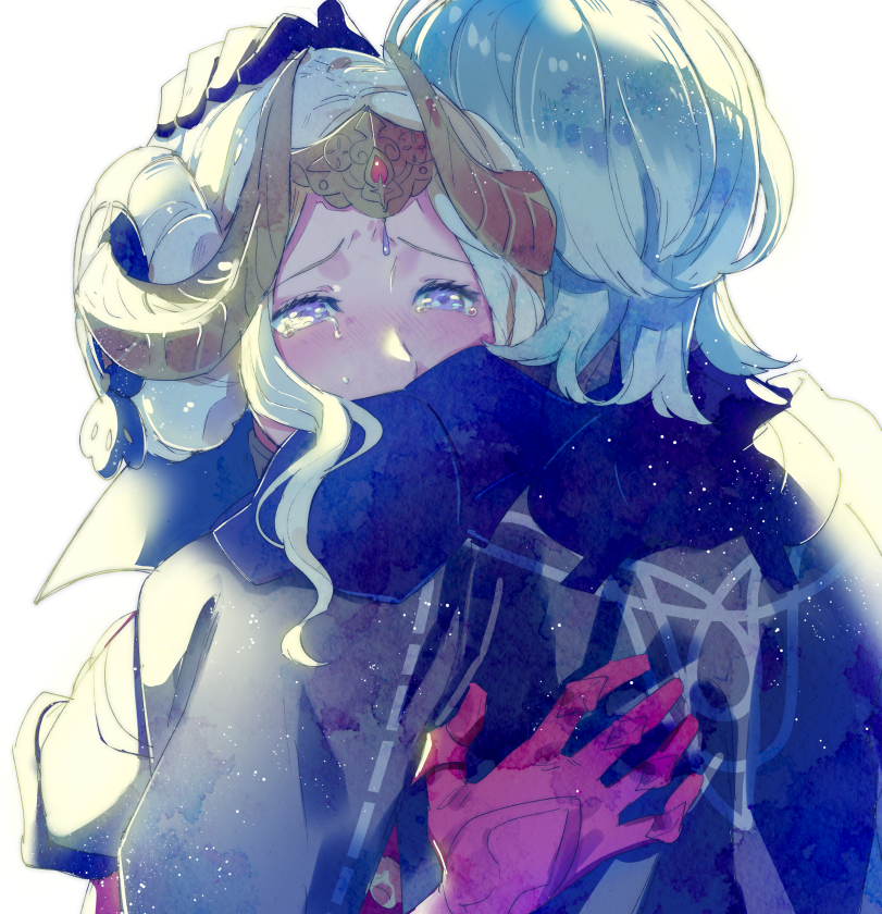 1boy 1girl aisutabetao armor blonde_hair blue_eyes blush byleth_(fire_emblem) byleth_(male)_(fire_emblem) cape couple edelgard_von_hresvelg fire_emblem fire_emblem:_three_houses gloves hair_ornament hetero horns hug jewelry long_hair long_sleeves nintendo short_hair simple_background spoilers tears upper_body