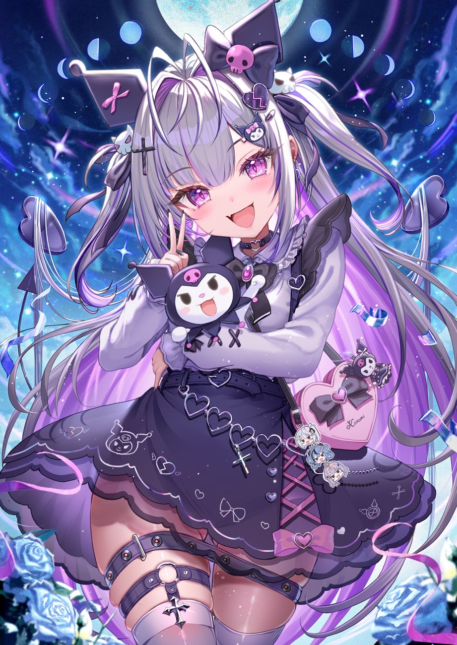 1girl akabane_(zebrasmise) antenna_hair bag breasts cloud fang fingernails full_moon hair_ornament heart highres holding kuromi looking_at_viewer moon multicolored_hair night onegai_my_melody open_mouth personification purple_eyes ribbon sanrio small_breasts solo thighhighs two-tone_hair v water x