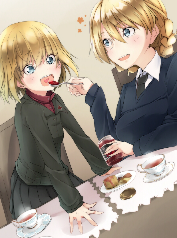 10s 2girls :d amai_nekuta black_neckwear black_skirt blonde_hair blue_eyes blue_sweater braid chair commentary cookie cup darjeeling_(girls_und_panzer) desert dessert dress_shirt dutch_angle emblem feeding food girls_und_panzer green_jacket heart holding holding_spoon jacket jar katyusha_(girls_und_panzer) long_sleeves looking_at_another miniskirt multiple_girls necktie open_mouth placemat pleated_skirt pravda_school_uniform red_shirt saucer school_uniform shirt short_hair skirt smile spoon st._gloriana&#039;s_school_uniform standing steam sweater table tea teacup turtleneck twin_braids v-neck white_shirt wing_collar