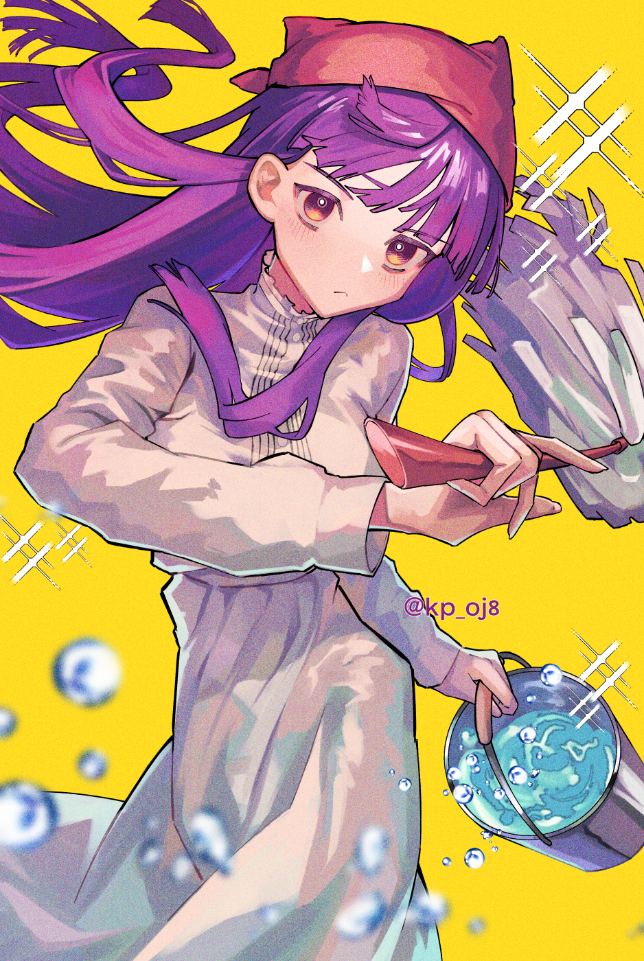 1girl artist_name blunt_bangs bucket bucket_of_water collar dress fern_(sousou_no_frieren) floating_hair frilled_collar frills highres holding holding_bucket holding_mop long_dress long_hair long_sleeves mop purple_eyes purple_hair scripco sidelocks simple_background solo sousou_no_frieren water_drop white_dress yellow_background