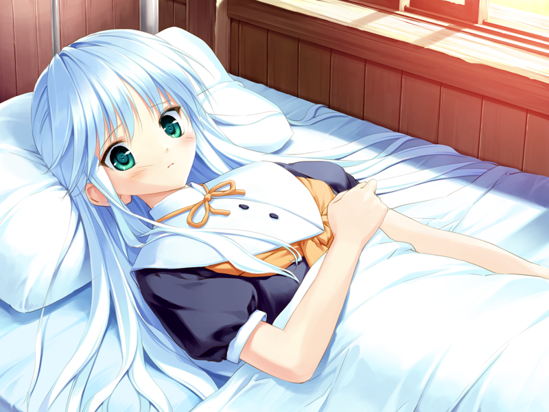 1girl bed blue_hair blush female_focus game_cg green_eyes long_hair lying mizumori_minami solo soshite_ashita_no_sekai_yori ueda_ryou