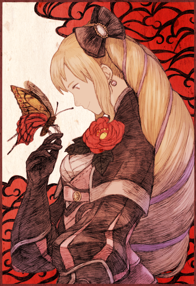 1girl animal blonde_hair bow bug butterfly dress drill_hair elise_(fire_emblem) fire_emblem fire_emblem_fates floral_background flower hair_bow hair_ornament insect maeka_(kumaekake) nintendo rose smile twin_drills