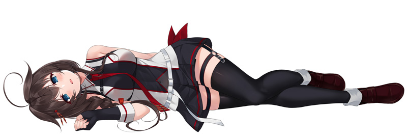 1girl ahoge black_gloves black_hair black_shirt black_skirt blue_eyes braid commentary_request fingerless_gloves full_body gloves hair_flaps hair_over_shoulder kantai_collection kochipu long_hair looking_at_viewer lying necktie on_side pleated_skirt red_necktie shigure_(kancolle) shigure_kai_san_(kancolle) shirt simple_background single_braid skirt sleeveless sleeveless_shirt solo two-tone_shirt white_background