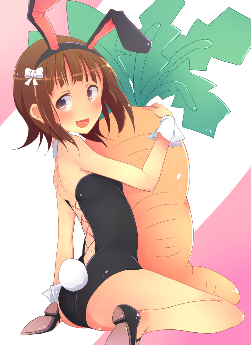 1girl amami_haruka animal_ears bad_id bad_pixiv_id bare_legs beiruto brown_eyes brown_hair carrot fake_animal_ears female_focus idolmaster idolmaster_(classic) leotard playboy_bunny rabbit_ears rabbit_tail short_hair solo tail