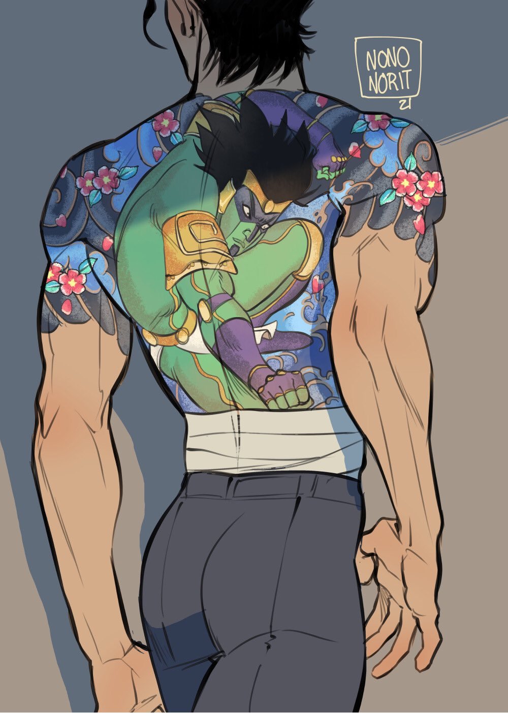 1boy back_tattoo bandages black_hair character_tattoo fine_art_parody from_behind highres irezumi jojo_no_kimyou_na_bouken kuujou_joutarou male_focus nihonga nononorits parody short_hair signature solo star_platinum stardust_crusaders tattoo topless_male ukiyo-e yakuza