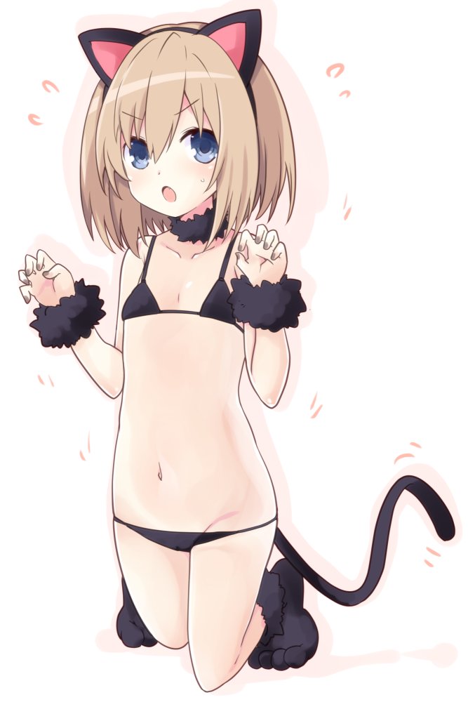 1girl alternate_costume animal_ears black_nails blue_eyes blush cat_ears cat_tail flat_chest hair_between_eyes iwashi_dorobou_-r- light_brown_hair looking_at_viewer nail_polish navel neptune_(series) rom_(neptunia) short_hair solo tail white_background