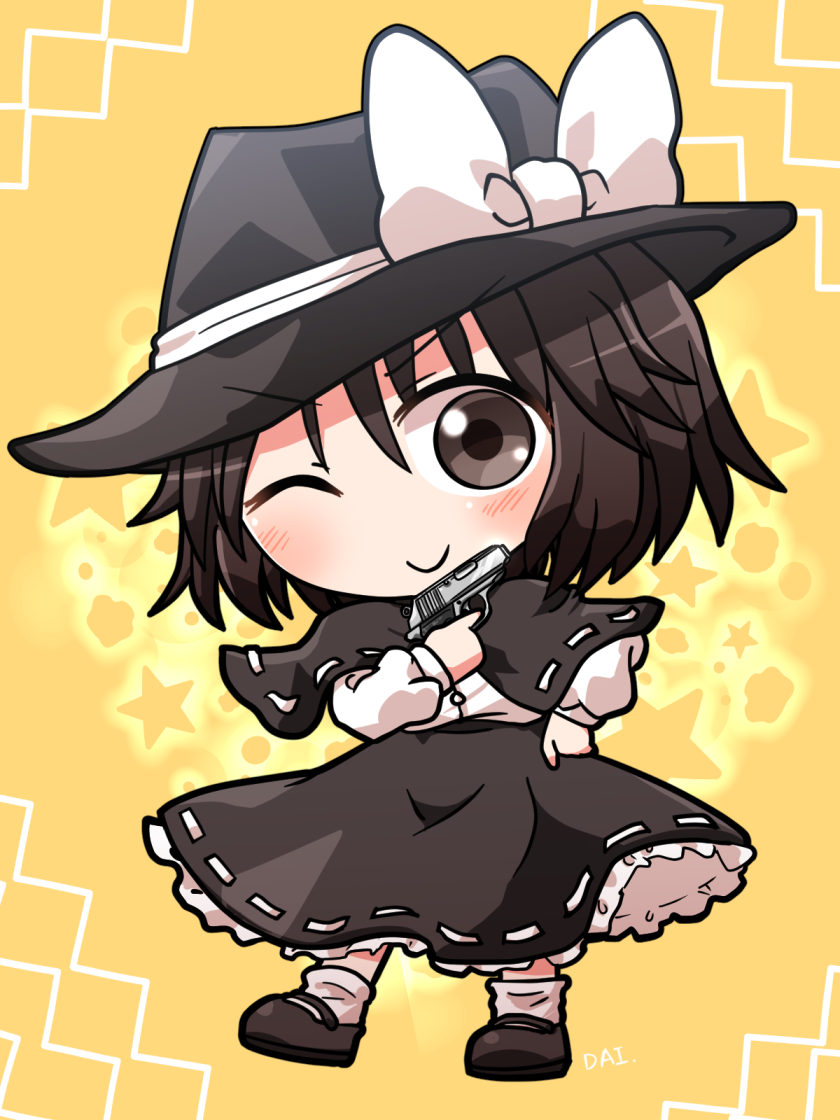 1girl ;) black_capelet black_hat black_skirt blush bow brown_eyes brown_footwear brown_hair capelet closed_mouth commentary_request frilled_skirt frills full_body gun hand_on_own_hip hat hat_bow holding holding_gun holding_weapon long_sleeves looking_at_viewer mary_janes one_eye_closed ribbon-trimmed_capelet ribbon-trimmed_skirt ribbon_trim rokugou_daisuke shirt shoes short_hair signature skirt smile socks solo standing touhou usami_renko v-shaped_eyebrows weapon white_bow white_shirt white_socks