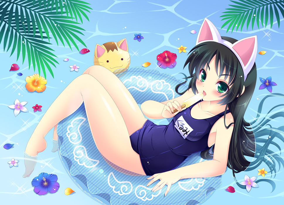 10s 1girl animal_ears black_hair cat cat_ears food green_eyes hazuki_kurumi innertube kaitou_tenshi_twin_angel long_hair one-piece_swimsuit popsicle school_swimsuit swim_ring swimsuit tokinon twin_angel