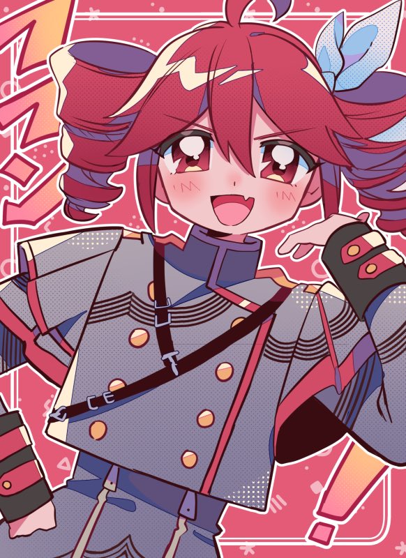 ! 1girl ahoge arm_up blush bow buttons double-parted_bangs drill_hair fang grey_jacket hair_between_eyes hair_bow hair_ribbon hand_on_own_hip jacket kasane_teto kasane_teto_(sv) open_mouth pink_background red_eyes red_hair ribbon shoulder_belt skin_fang sleeve_cuffs solo striped_clothes striped_jacket synthesizer_v tongue twin_drills upper_body utau white_bow white_ribbon yuusuke-kun