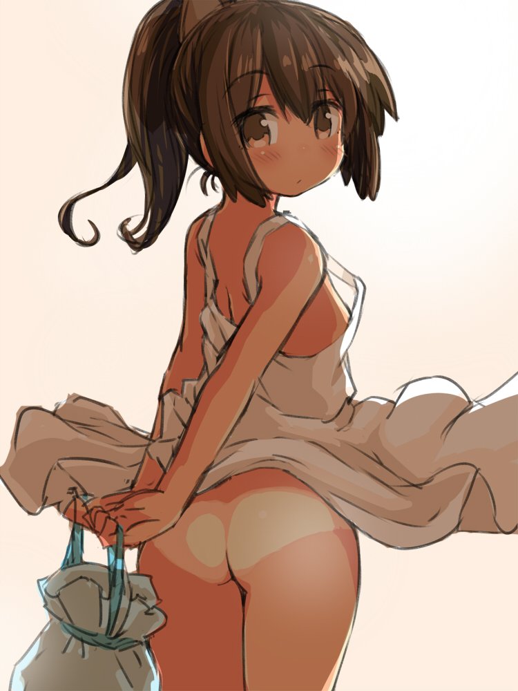 10s 1girl arms_behind_back ass bag brown_eyes brown_hair clothes_lift cowboy_shot dress dress_lift female_focus flat_chest from_behind gradient_background holding holding_bag i-401_(kancolle) kantai_collection looking_at_viewer looking_back naitou_kouse no_panties ponytail simple_background solo sundress tan tanline white_dress