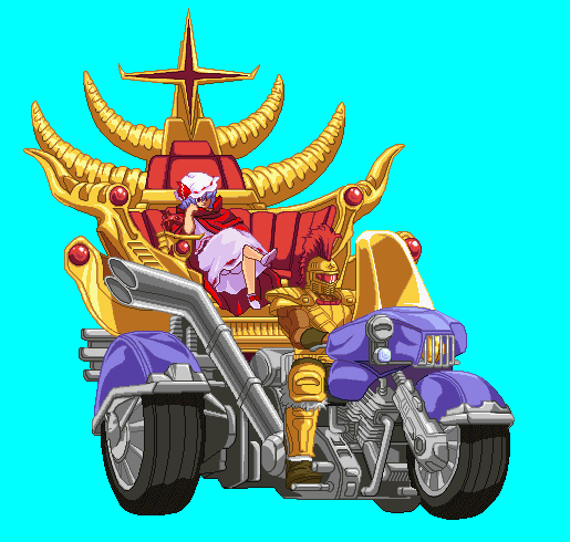 1boy 1girl bad_id bad_pixiv_id blue_background cape crossed_legs crossover hat helmet hokuto_no_ken m.u.g.e.n motor_vehicle motorcycle pixel_art purple_hair remilia_scarlet short_hair simple_background sitting souther three-wheeler throne touhou trike vehicle yomhi