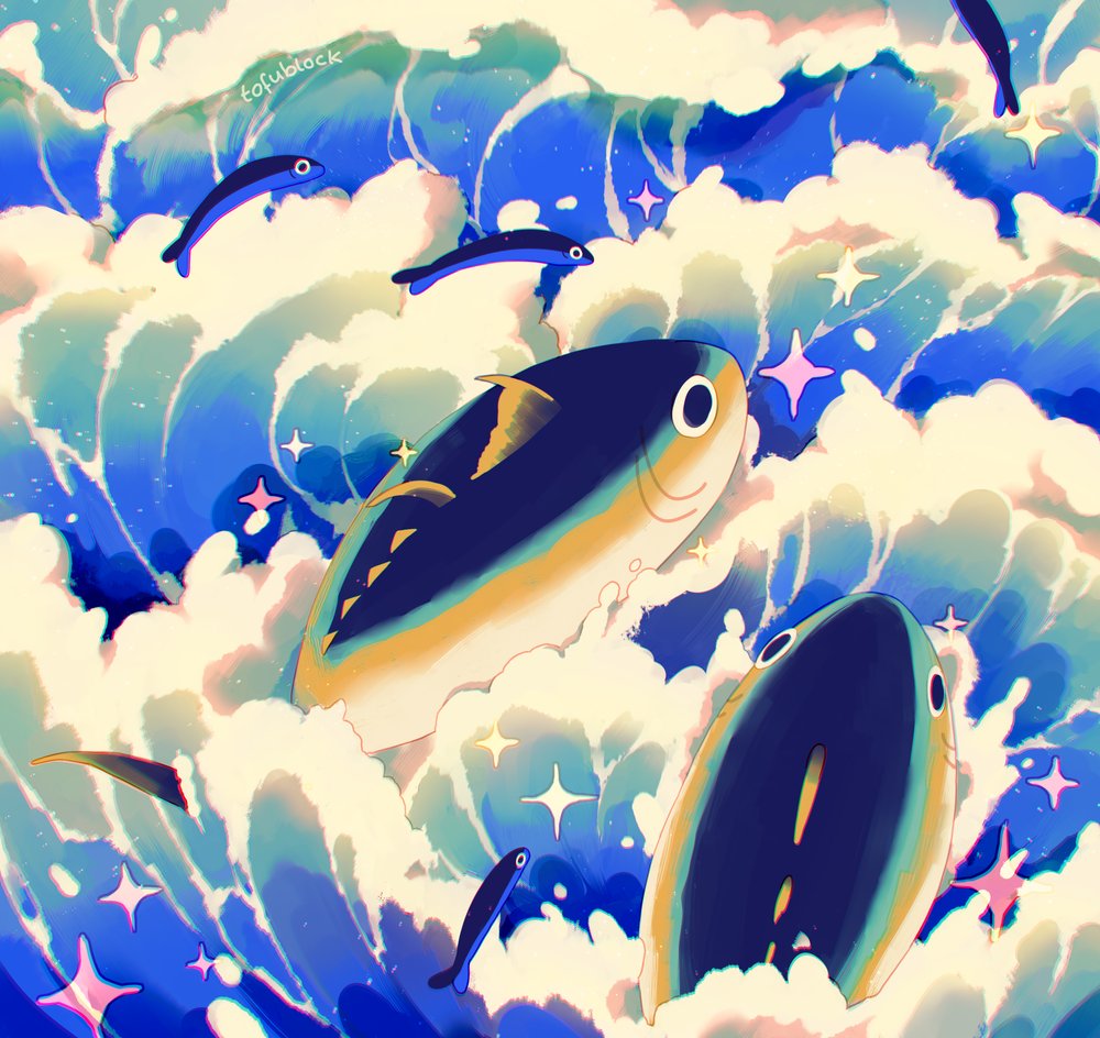 animal animal_focus artist_name blue_background commentary english_commentary fish jauni_(tofublock) no_humans original sparkle tuna water waves