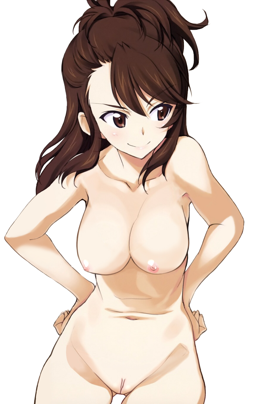 1girl amaretto_(girls_und_panzer) breasts brown_eyes brown_hair cleavage cleft_of_venus completely_nude girls_und_panzer hands_on_own_hips kurashima_tomoyasu leaning_forward nipples nude nude_filter pussy smile solo third-party_edit transparent_background
