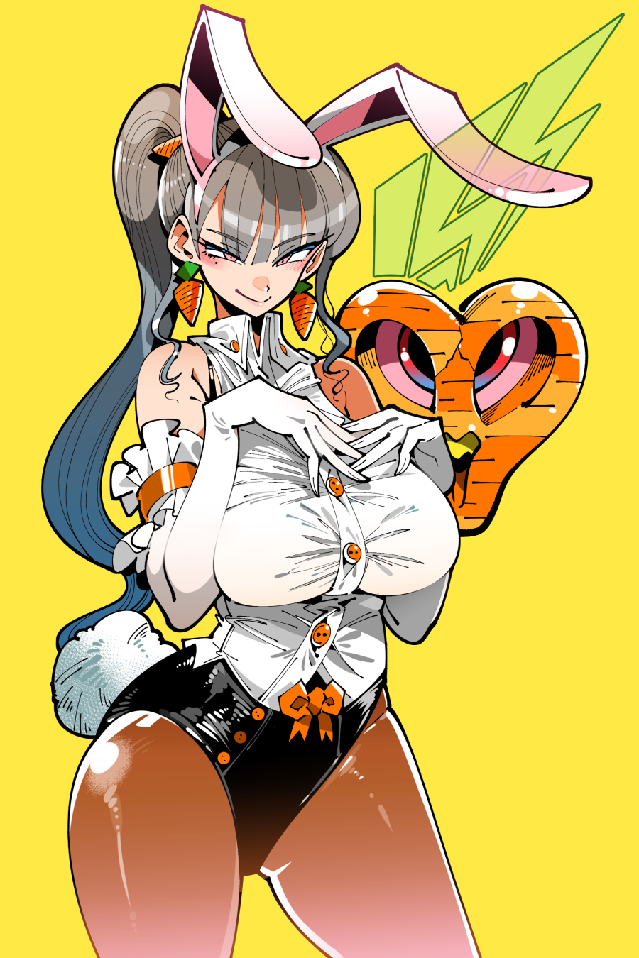 1girl animal_ear_hairband animal_ears armband bare_shoulders bow breasts carrot carrot_earrings cowboy_shot earrings elbow_gloves fake_animal_ears food-themed_earrings food_themed_earrings frilled_armband frills gloves grey_hair hairband half-closed_eyes hands_up highres jewelry kafun large_breasts long_hair looking_at_viewer orange_bow original pantyhose pink_eyes ponytail rabbit_ear_hairband rabbit_ears rabbit_tail smile solo tail white_gloves yellow_background