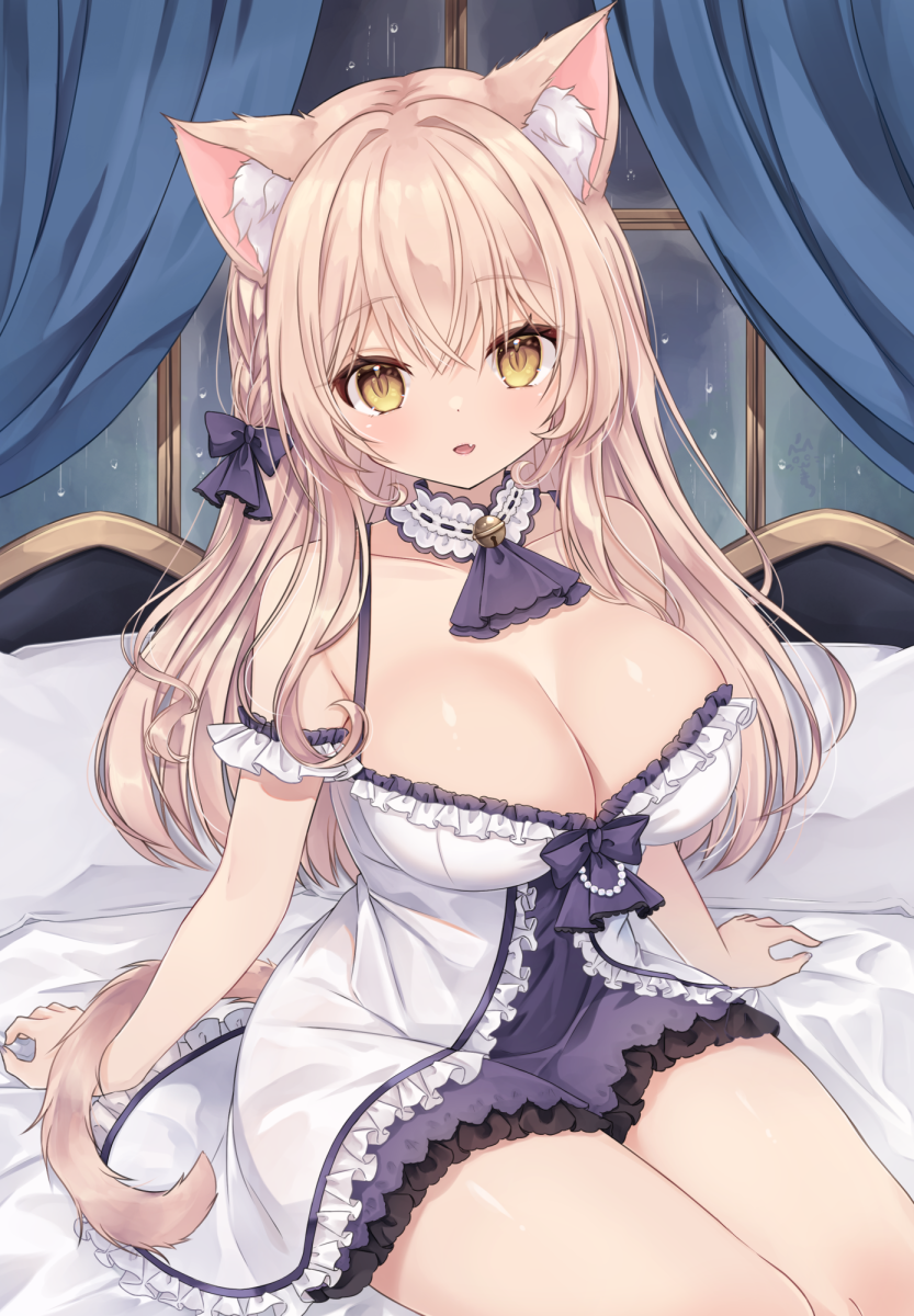 1girl animal_ear_fluff animal_ears ascot babydoll blonde_hair bow breasts cat_ears cat_girl cat_tail choker cleavage collarbone commentary_request curtains fang frilled_babydoll frilled_choker frills hair_bow highres large_breasts light_blush looking_at_viewer on_bed open_mouth original purple_ascot purple_bow rain ribbon-trimmed_choker sitting skin_fang slit_pupils smile solo tail window yellow_eyes yoizuki_mashiro