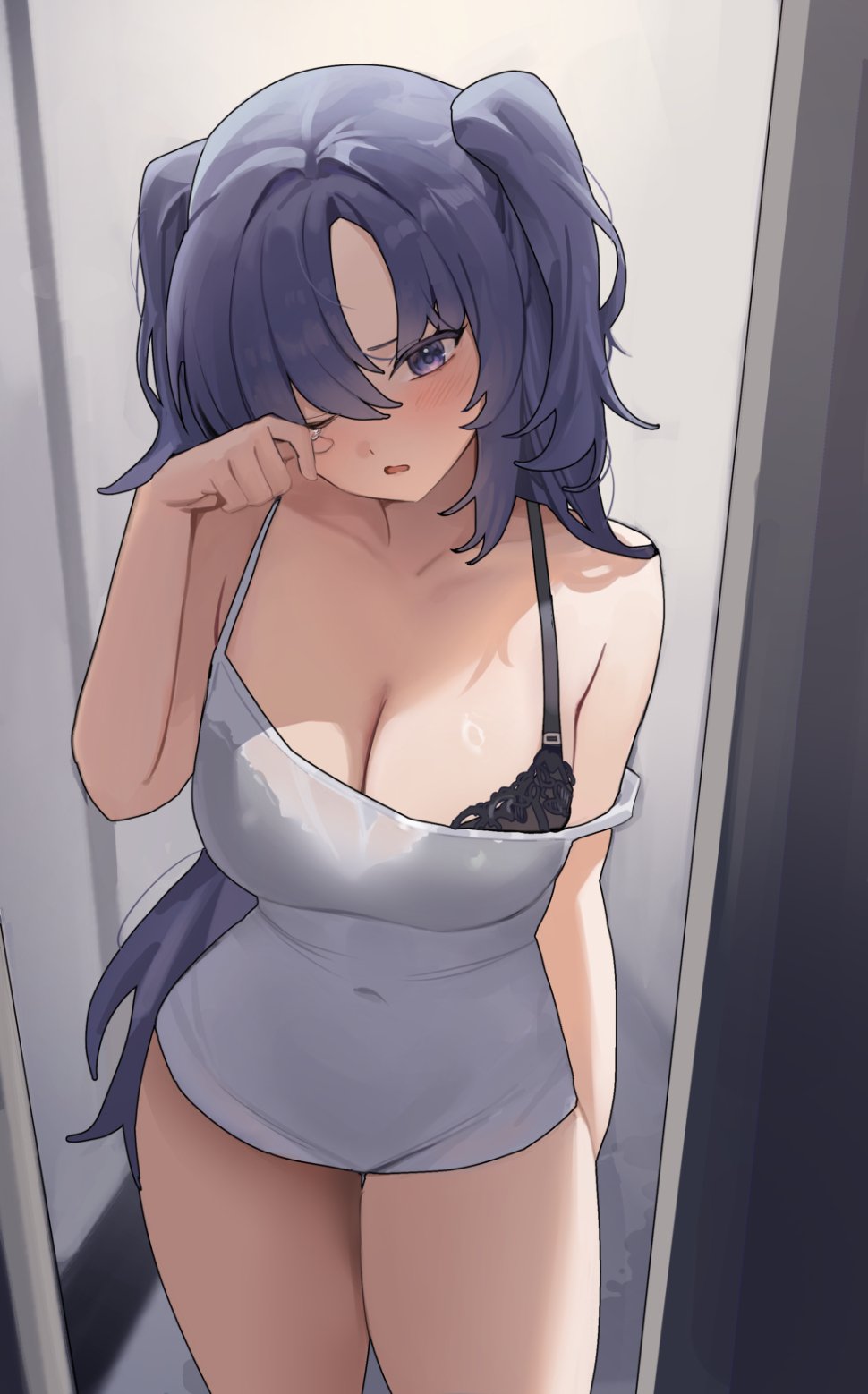 1girl alternate_costume black_bra blue_archive blush bra breasts camisole cleavage cowboy_shot highres large_breasts long_hair no_halo one_eye_closed open_mouth purple_eyes purple_hair solo two_side_up underwear white_camisole yam_s2 yuuka_(blue_archive)